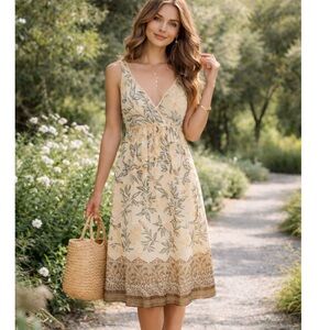 NEW Eva Blue chiffon sleeveless dress V neckline floral cream sequin Sz 8